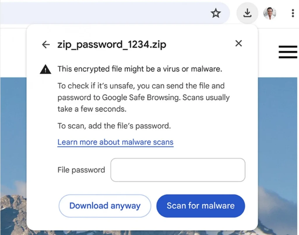 Chrome password-protected archive warnings