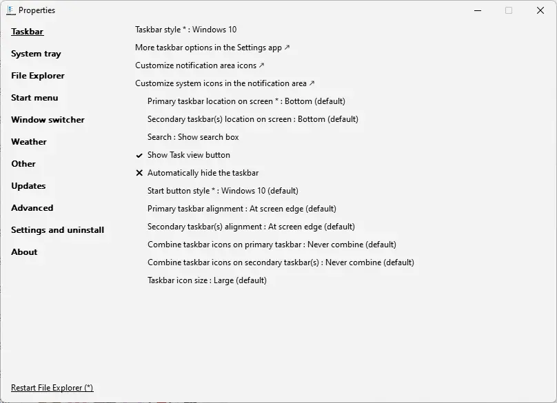 Explorer Patcher is labeled “Properties;” its window shows related controls.