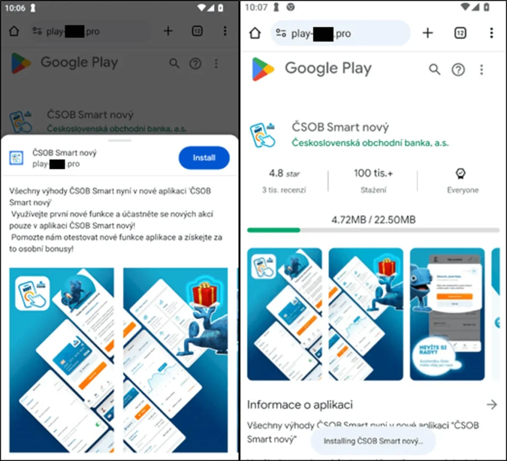 Fake Google Play installation prompt (left) and progress (right)