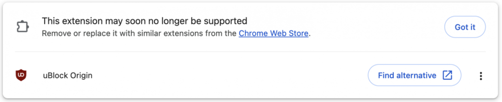 Google Chrome uBlock Origin MV3 warning