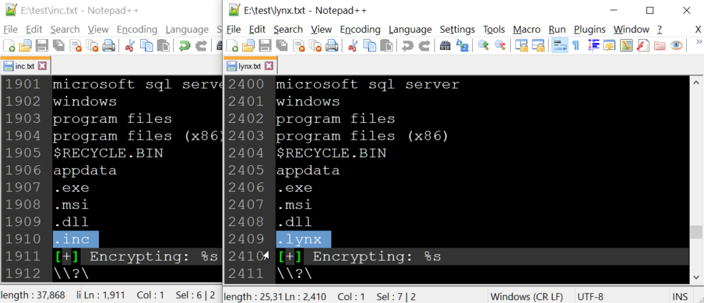 INC vs. Lynx ransomware string comparison