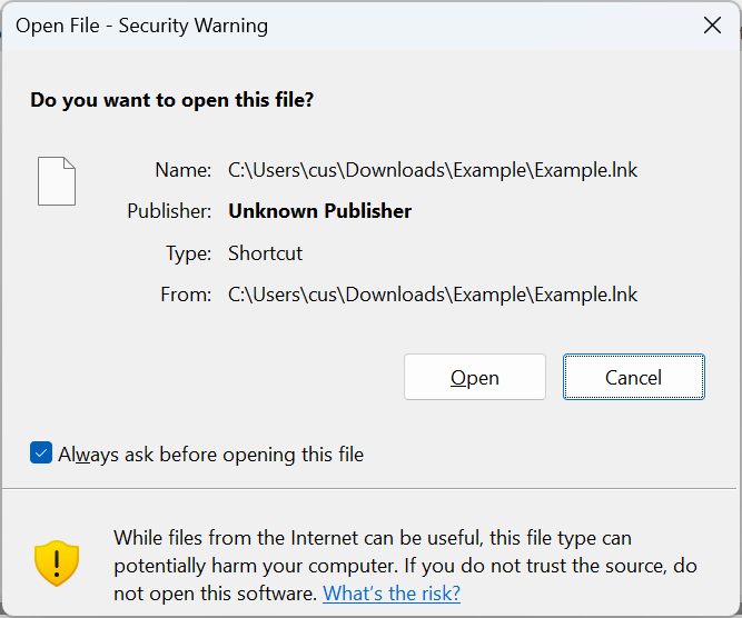 Warning when opening downloaded files