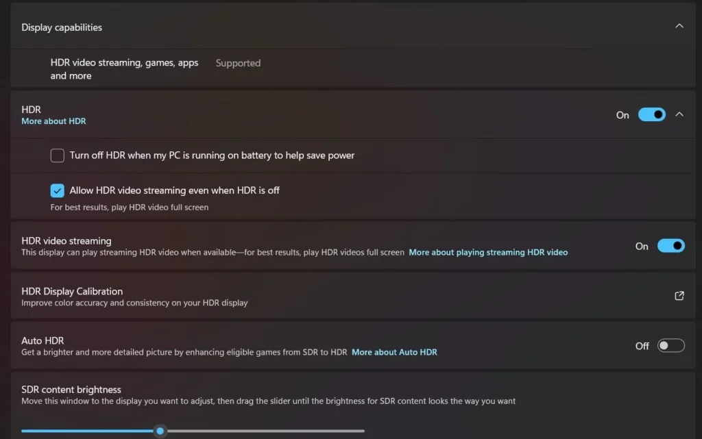 New HDR settings in Windows 11