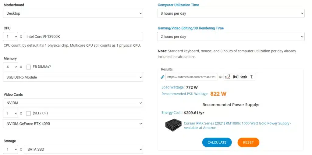 Outervision PC Wattage Calculator