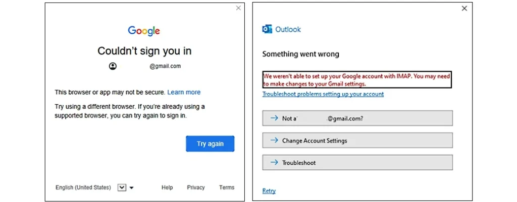 Outlook Gmail sign-in issues