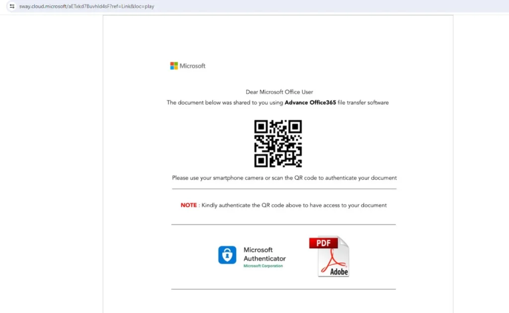 Sample Microsoft Sway phishing page