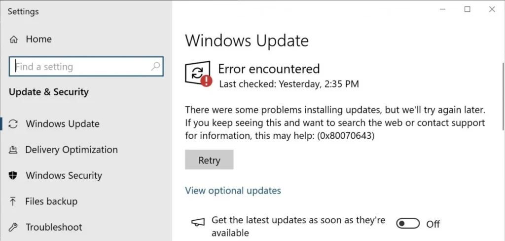 Windows Update 0x80070643 error