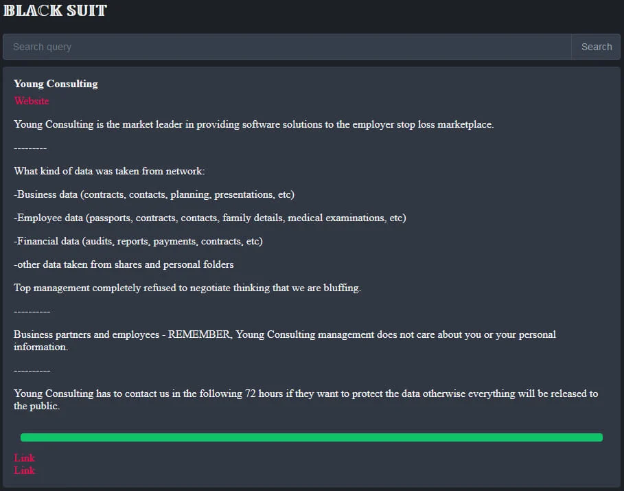 Young Consulting entry on BlackSuit's extortion portal