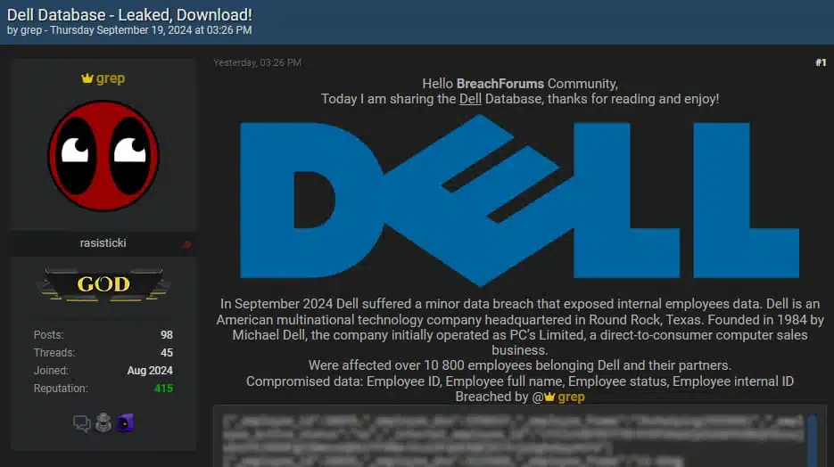 Alleged Dell data leaked on a hacking forum