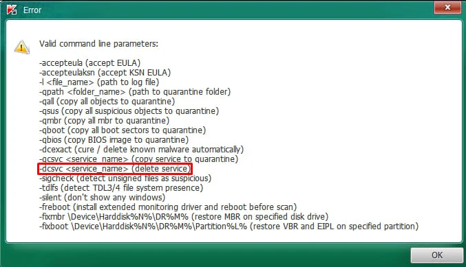 Command parameters supported by TDSSKiller