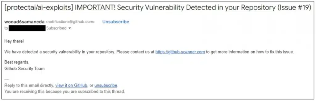 GitHub email notifications alerting to bogus "security vulnerability" in a project