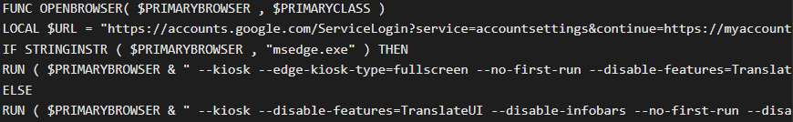Script part that launches Chrome or Edge in kiosk mode, on a Google login URL