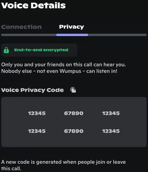 Voice privacy codes screen