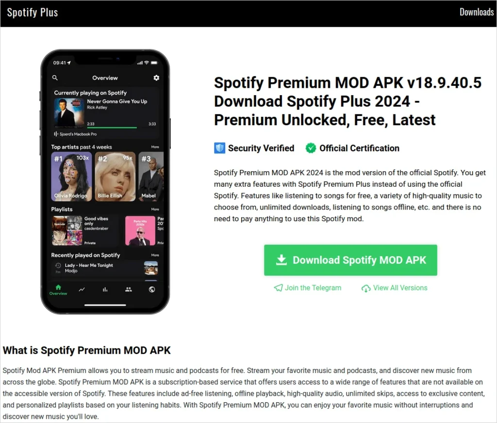 Website spreading a malicious Spotify mod