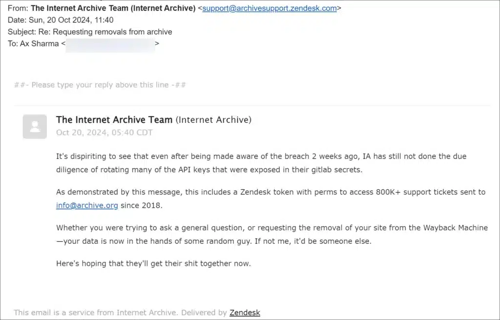 Internet Archive Zendesk emails sent by the threat actor