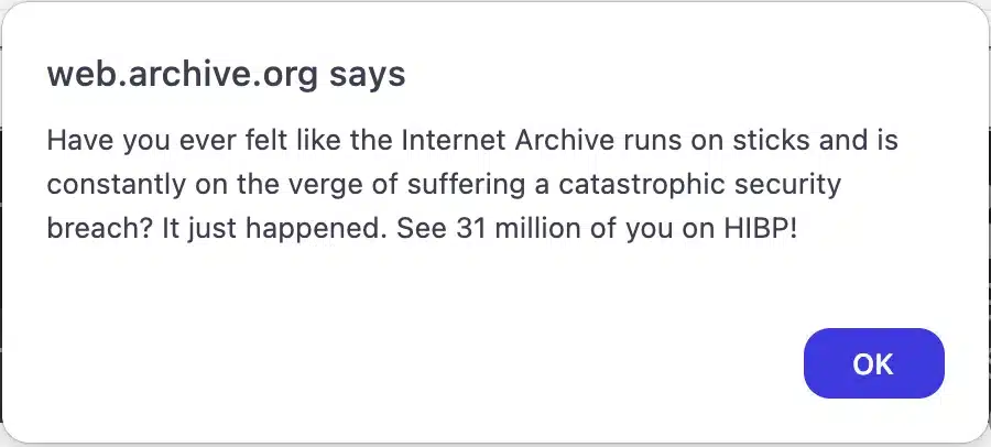 JavaScript alert on Internet Archive warning about the breach