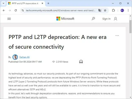 Microsoft deprecates PPTP and L2TP VPN protocols