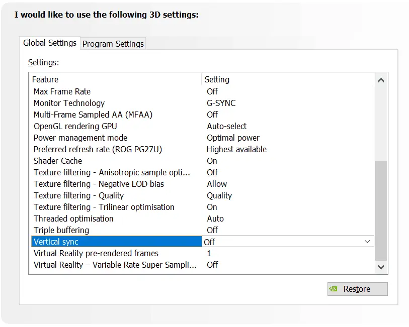 Nvidia Control Panel 3D settings