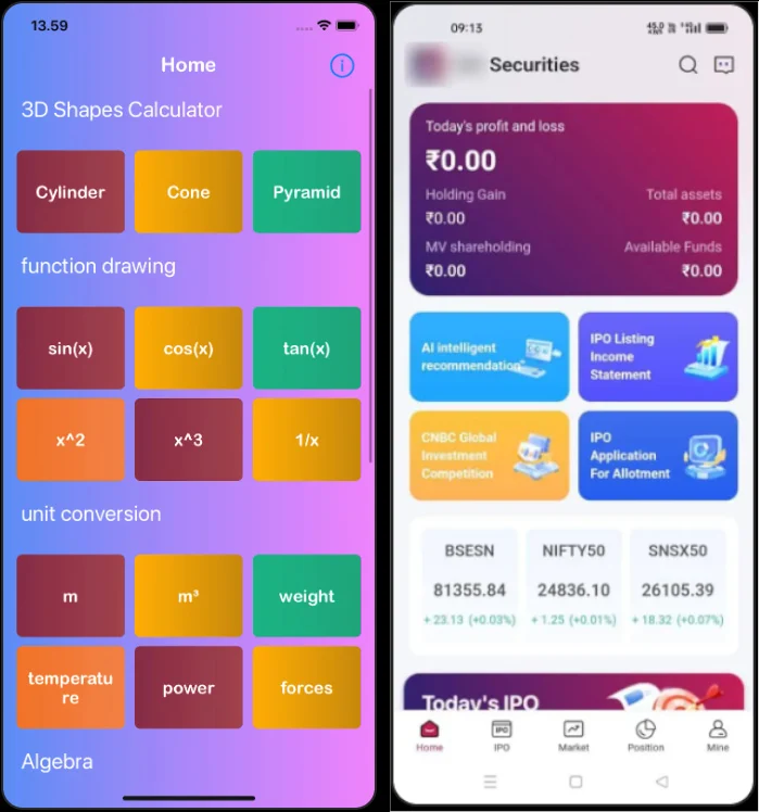 iOS app's fake front (left) and investment dashboard (right)