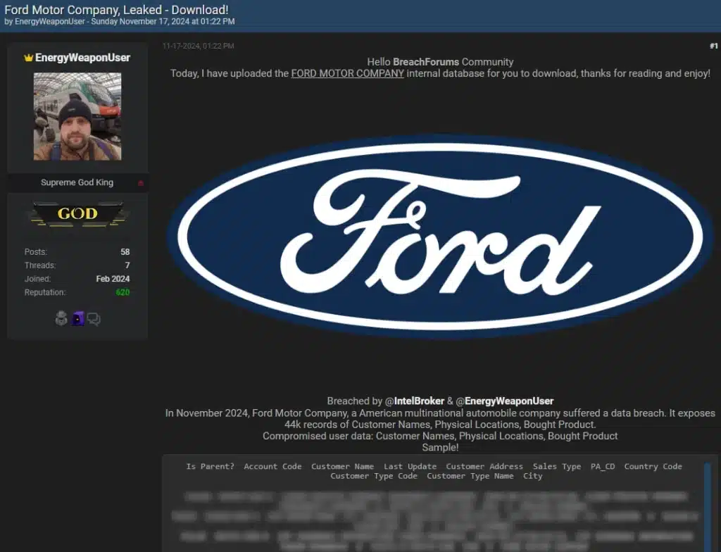 Alleged Ford data leaked on hacking forum