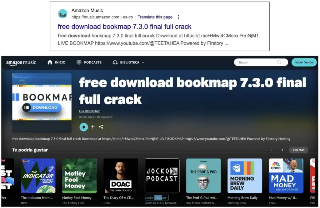 An Amazon Music listing with links to software cracks or "warez" sites