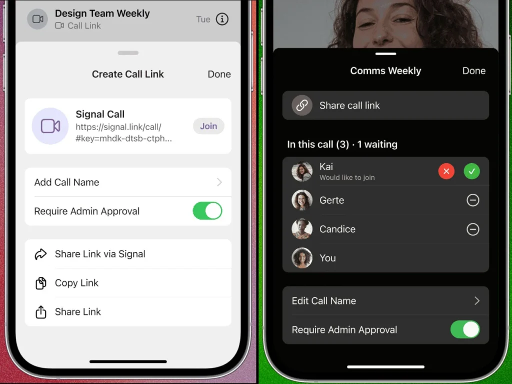 Creating call links (left) and managing participant requests (right)