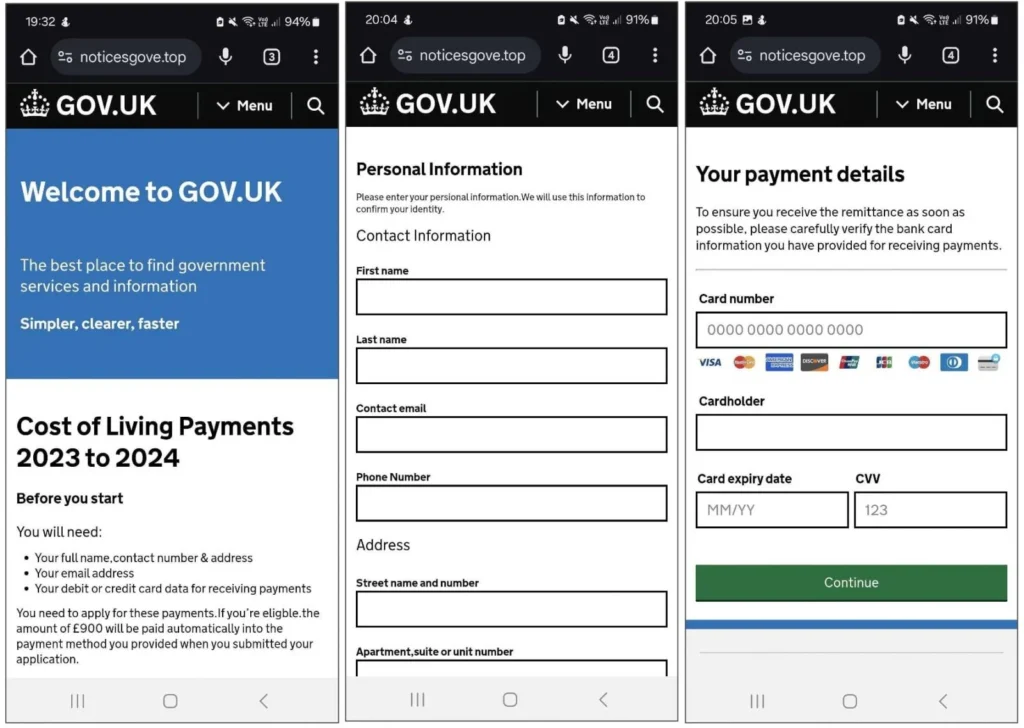 Fake GOV.UK pages hosted on the scam site