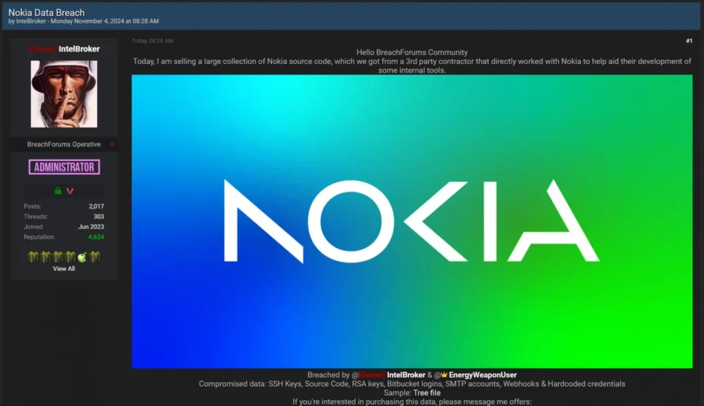 IntelBroker selling alleged Nokia source code
