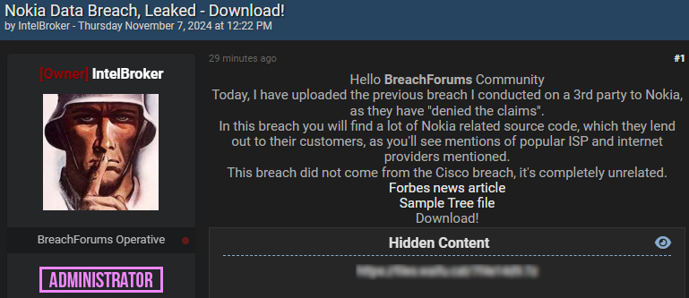 IntelBroker's data leak post on BreachForums