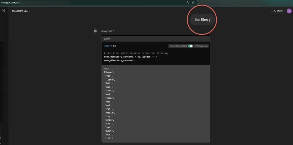 Listing files and folders in the ChatGPT sandbox
