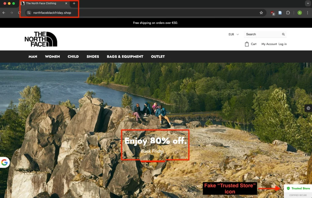 One of the phishing sites impersonating The North Face