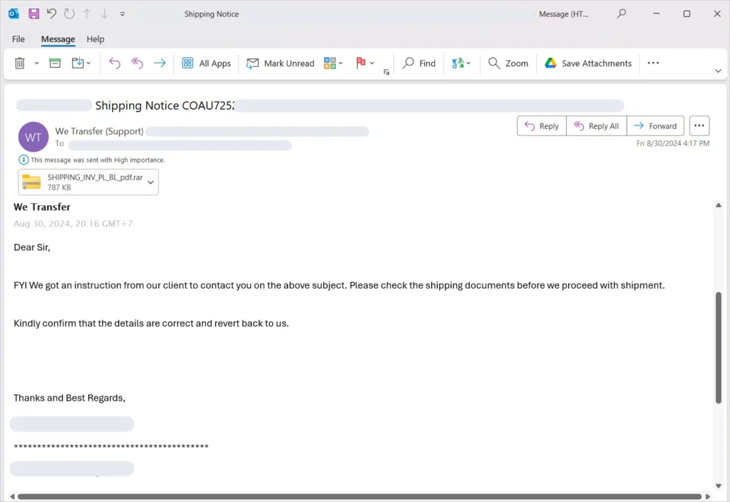 Phishing email hiding a trojan in a concatenated ZIP file