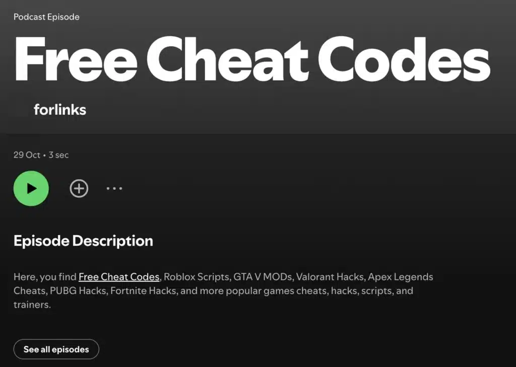 Podcast description contains keywords for game cheats and hacks