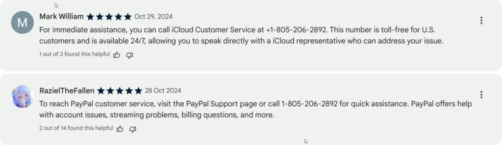 Promoted as PayPal and iCloud support numbers