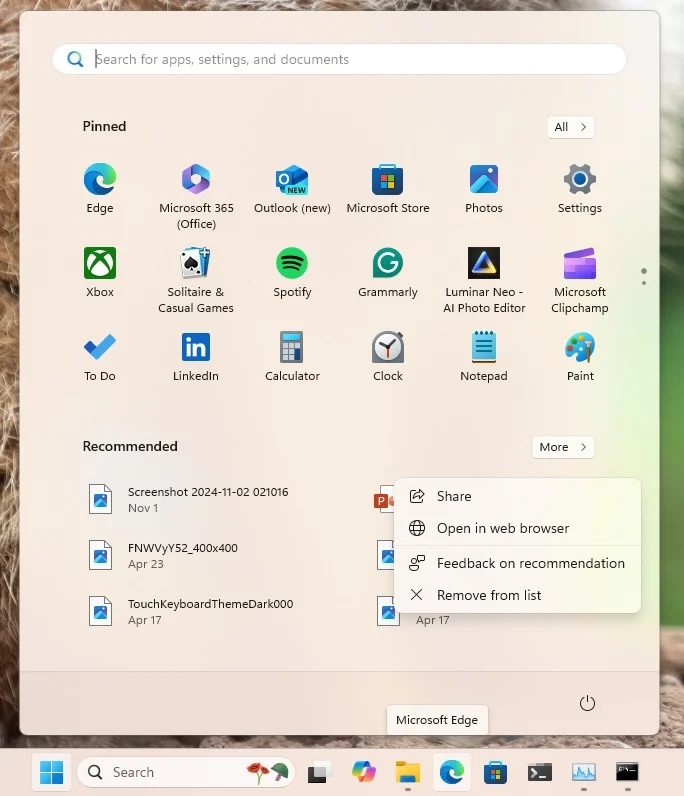 Share button in the Start menu