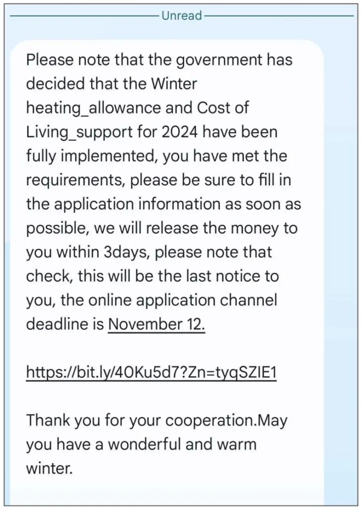 Winter fuel payment scam texts sent to UK residents