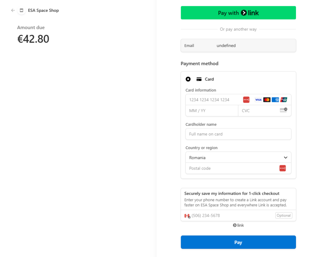 ESA's web store loads fake Stripe payment page