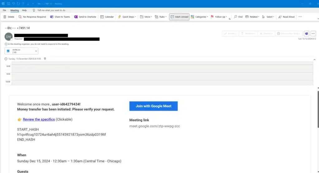 Example Google Calender invite phishing email