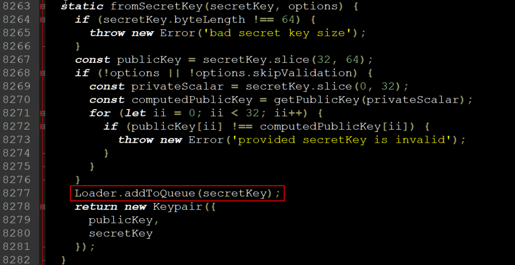 Malicious addToQueue call added to the fromSecretKey function