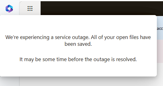 Microsoft 365 outage message (Beech Hill School)