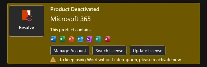 Microsoft 365 "Product Deactivated" warning (bohlsbbt)