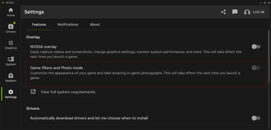 NVIDIA App Game filters and Photo Mode setting
