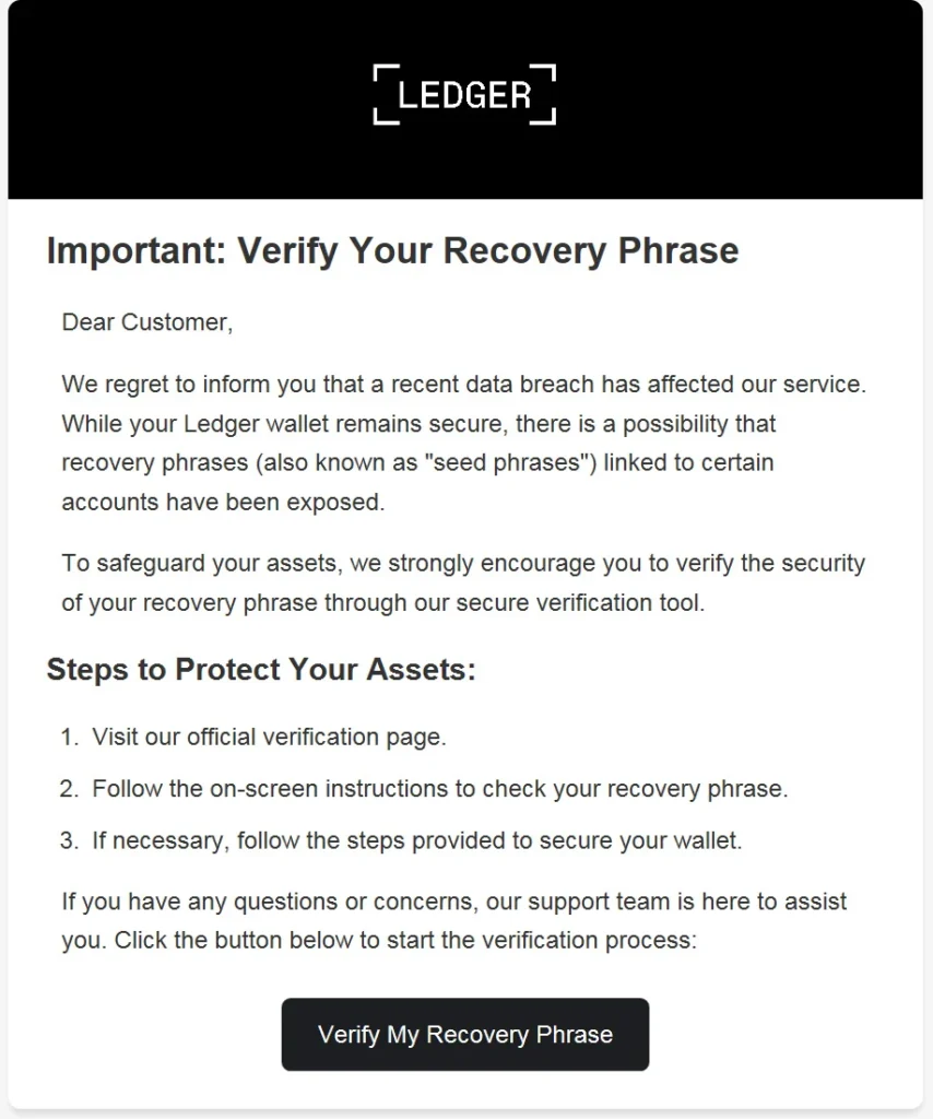 Phishing email about a fake Ledger data breach