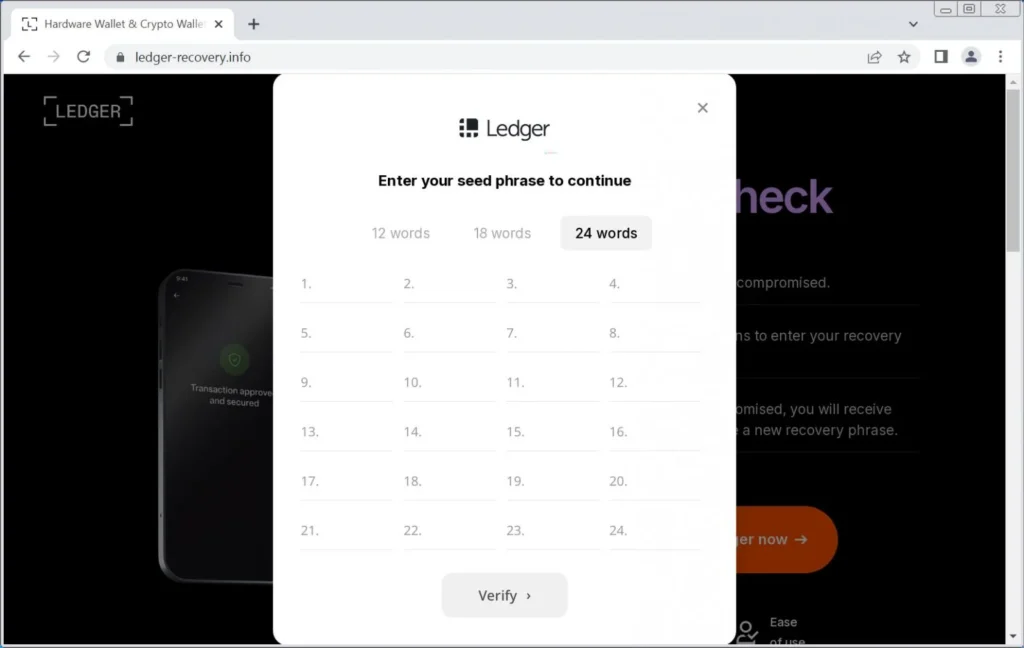 Phishing page attempting to steal recovery phrase