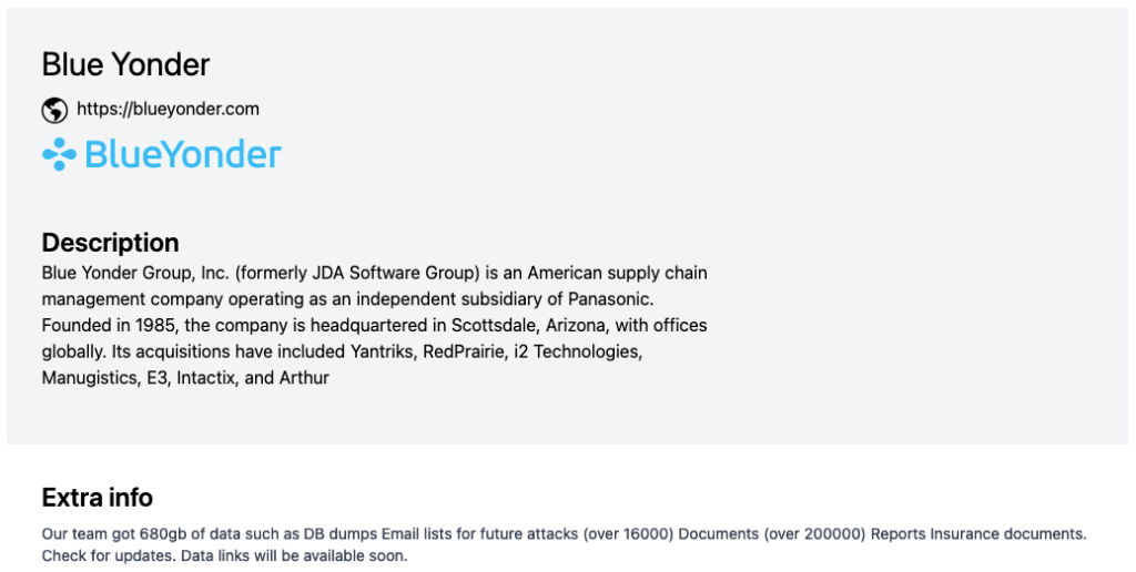Blue Yonder entry on Termite ransomware leak site