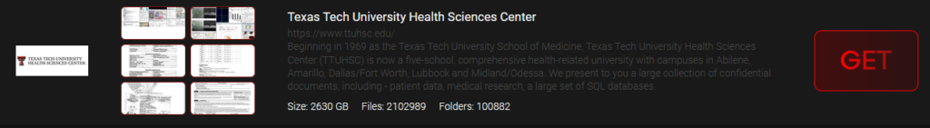 Texas Tech University Health Sciences Center entry on data leak site